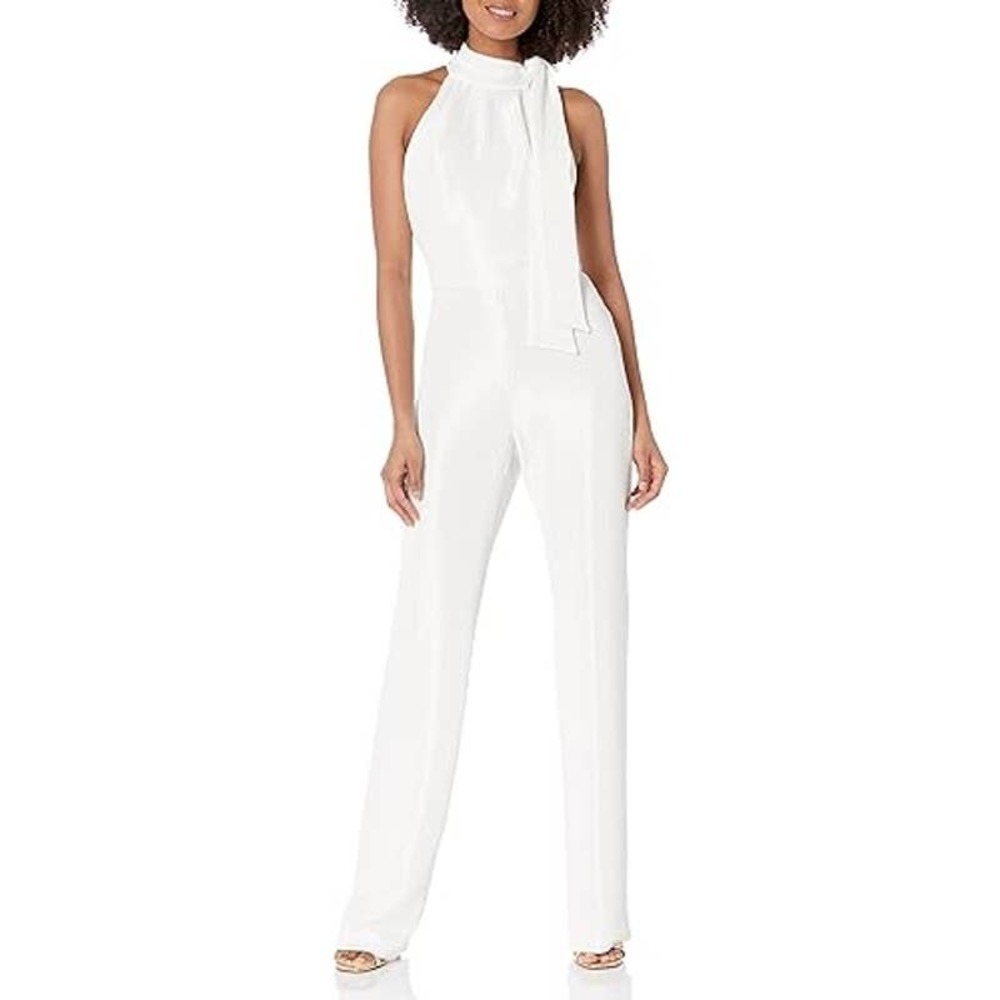 Black Halo Aurdey White Textured Halter Wide Leg Jumpsuit Women's Size 2 NWT